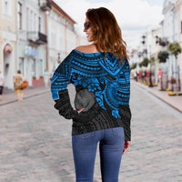 Northern Mariana Islands Polynesian Women's Off Shoulder Sweater - Blue Turtle - Polynesian Pride