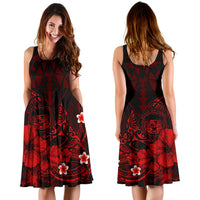 Polynesian Hawaii Women's Midi Dress - Humpback Whale with Hibiscus (Red) - Polynesian Pride