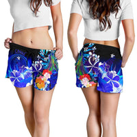 Chuuk Women's Shorts - Humpback Whale with Tropical Flowers (Blue) - Polynesian Pride