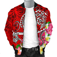 Polynesian Men's Bomber Jacket - Turtle Plumeria Red Color - Polynesian Pride