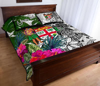 Fiji Custom Personalised Quilt Bet Set White - Turtle Plumeria Banana Leaf Crest - Polynesian Pride