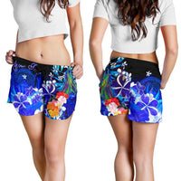 American Samoa Polynesian Custom Personalised Women's Shorts - Humpback Whale with Tropical Flowers (Blue) - Polynesian Pride