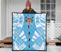 Fiji Premium Quilt - Fiji Coat Of Arms Polynesian White Tattoo (Blue) - Polynesian Pride