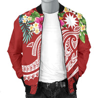 Nauru Polynesian Men's Bomber Jacket - Summer Plumeria (Red) - Polynesian Pride