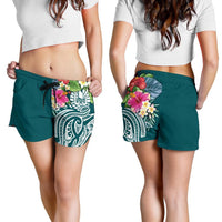 Tahiti Polynesian Women's Shorts - Summer Plumeria (Turquoise) - Polynesian Pride