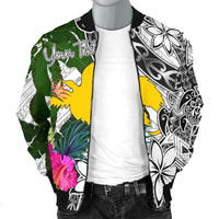 Papua New Guinea Custom Personalised Men's Bomber Jacket White - Turtle Plumeria Banana Leaf - Polynesian Pride