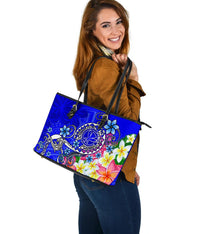 Hawaii Polynesian Leather Tote Bag - Turtle Plumeria (Blue) - Polynesian Pride