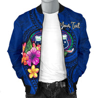 Samoa Polynesian Custom Personalised Men's Bomber Jacket - Floral With Seal Blue - Polynesian Pride
