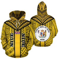 Niue Hoodie Niue Flag Coat of Arms Polynesian Tattoo Unisex Yellow - Polynesian Pride