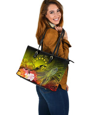 Cook Islands Custom Personalised Large Leather Totes - Humpback Whale with Tropical Flowers (Yellow) - Polynesian Pride