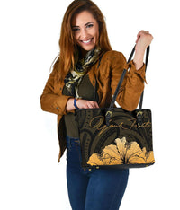 Personalised - Hawaii Royal Hibiscus Polynesian Tribal Small Leather Tote Bag Gold AH - Polynesian Pride