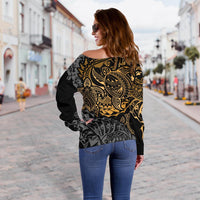 Samoa Polynesian Off Shoulder Sweater (Women) - Gold Turtle Flowing - Polynesian Pride