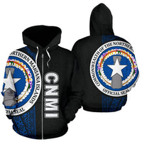 Northern Mariana Islands Polynesian All Over Zip up Hoodie Blue Line Unisex Black - Polynesian Pride