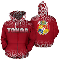 Tonga All Over Zip up Hoodie Polynesian Fog Version Unisex Red - Polynesian Pride