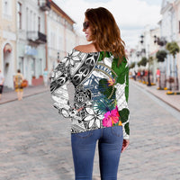Palau Women's Off Shoulder Sweater White - Turtle Plumeria Banana Leaf Crest - Polynesian Pride