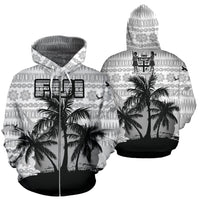 Fiji Tapa Zipper Hoodie Fiji Coat of Arms Coconut Tree Special Unisex Black & White - Polynesian Pride