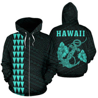 Polynesian Kakau Anchor Hibiscus Hawaii Zip Hoodie Turquoise Unisex Turquoise - Polynesian Pride