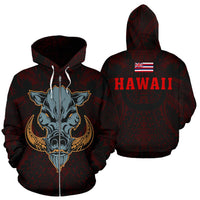 Polynesian Kamapuaa Flag of Hawaii Zip Hoodie Red Hawaiian Mythology Style Unisex Red - Polynesian Pride