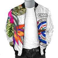 Northern Mariana Islands Men's Bomber Jacket Polynesian Hibiscus White Pattern - Polynesian Pride