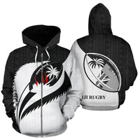 Fiji Rugby Zip up Hoodie Fiji Flag Coat of Arms Style BW K6 Unisex Black - Polynesian Pride