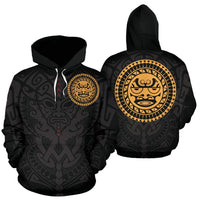 Polynesian All Over Hoodie Polynesian Face Tattoo 5 Unisex Black & GOLD - Polynesian Pride