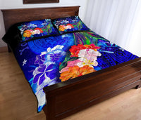Polynesian Hawaii Custom Personalised Quilt Bed Set - Humpback Whale with Tropical Flowers (Blue) - Polynesian Pride