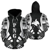 Papua New Guinea Polynesian All Over Zip up Hoodie White Tattoo Unisex Black - White - Polynesian Pride