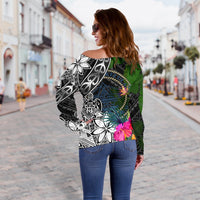 Palau Off Shoulder Sweater - Turtle Plumeria Banana Leaf Crest - Polynesian Pride
