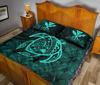Hawaii Turtle Kanaka Map Hibiscus Poly Quilt Bed Set - Turquoise - Polynesian Pride