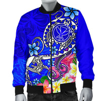 Hawaii Men's Bomber Jacket - Turtle Plumeria Polynesian Tattoo Blue Color - Polynesian Pride