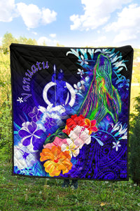Vanuatu Premium Quilt - Humpback Whale with Tropical Flowers (Blue) - Polynesian Pride