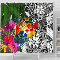 Tonga Shower Curtain White - Turtle Plumeria Banana Leaf - Polynesian Pride