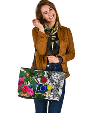 Cook Islands Custom Personalised Large Leather Tote White - Turtle Plumeria Banana Leaf - Polynesian Pride