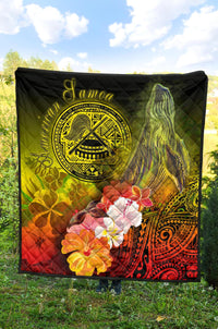 American Samoa Polynesian Premium Quilt - Humpback Whale with Tropical Flowers - Polynesian Pride