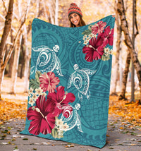 Hawaii Turtle Hibiscus Plumeria Blue Polynesian - Premium Blanket AH - Polynesian Pride