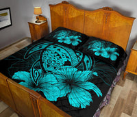 Hawaiian Map Turtle Hibiscus Polynesian Quilt Bedding Set - Turquoise - Polynesian Pride