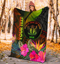 Niue Polynesian Personalised Premium Blanket - Hibiscus and Banana Leaves - Polynesian Pride