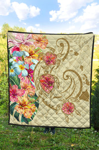 Hawaii Triple Marble Turtle Polynesian Hibiscus Premium Quilt - AH - Benjamin Style - Beige - Polynesian Pride