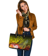 Kosrae Custom Personalised Large Leather Tote Bag - Humpback Whale with Tropical Flowers (Yellow) - Polynesian Pride