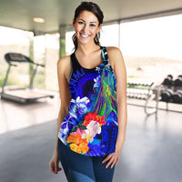 CNMI Women's Racerback Tank - Humpback Whale with Tropical Flowers (Blue) Blue - Polynesian Pride