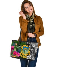 Tuvalu Large Leather Tote Bag - Turtle Plumeria Banana Leaf - Polynesian Pride