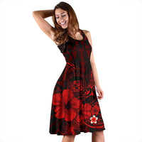 Polynesian Hawaii Women's Midi Dress - Humpback Whale with Hibiscus (Red) - Polynesian Pride