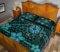 Hawaii Mix Polynesian Turtle Plumeria Quilt Bed Set - AH - Nick Style - Turquoise - Polynesian Pride