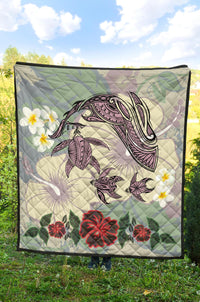 Hawaii Turtle Shark Hibiscus Premium Quilt - Beige - LH Style - Polynesian Pride