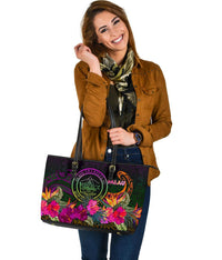 Palau Large Leather Tote Bag - Summer Hibiscus - Polynesian Pride