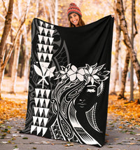 Hawaii Map Kanaka Polynesian Hula Girl Premium Blanket - White - Polynesian Pride