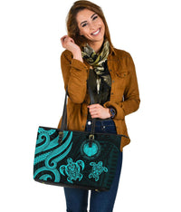 Northern Mariana Large Leather Tote Bag - Tentacle Turtle Turquoise - Polynesian Pride