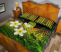 Hawaii Quilt Bed Set, Polynesian Tiki Plumeria Banana Leaves Reggae - Polynesian Pride