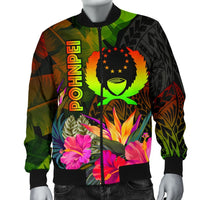 Pohnpei Polynesian Men's Bomber Jacket - Hibiscus and Banana Leaves - Polynesian Pride
