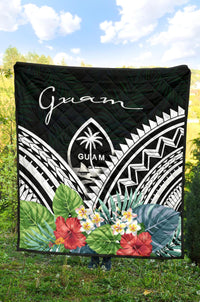 Guam Premium Quilt - Guam Coat of Arms & Polynesian Tropical Flowers White - Polynesian Pride
